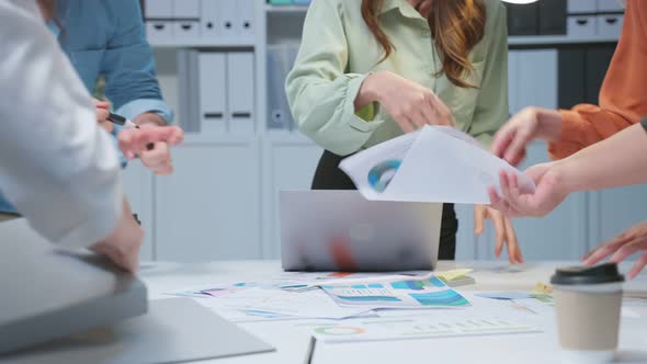 Close up hands of businessman and woman people group meeting brainstorm and work in office.