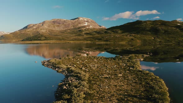 Picturesque Landscape Of Vavatnet Lake With Blue Sky On The Background In Hydalen, Hemsedal, Norway.