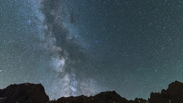 Time Lapse: the Milky way galaxy and stars rotation over the majestic Italian French Alps. Night sky