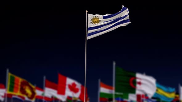 Uruguay Flag With World Globe Flags And Fireworks 