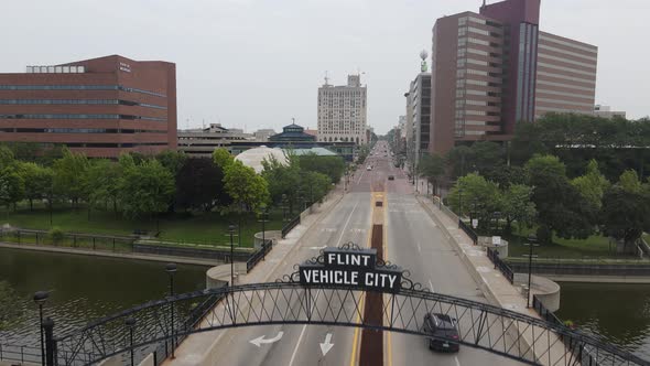 Flint, Michigan skyline drone shot.