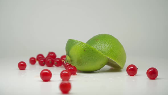 Delicious Red Currants and Cut Lime On The Turntable With Pure White Background - Close Up Shot