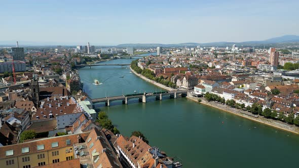 Panoramic View Over the City of Basel in Switzerland and River Rhine