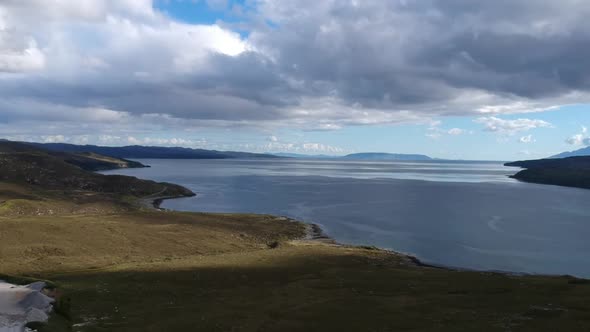 Timelapse drone shot of scottish highland lake. Aerial video shot in Scotland