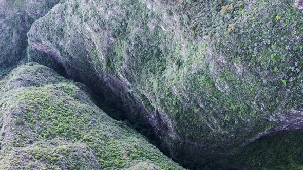 Aerial drone top-down view of a narrow and deep canyon. Recorded in Tenerife, Canary Islands, Spain.