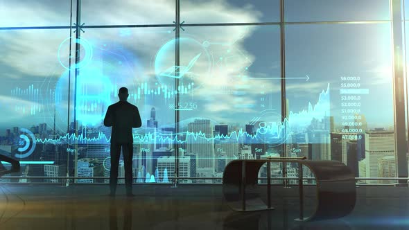 Trader In His Office And Infographics About Bitcoin HD alt