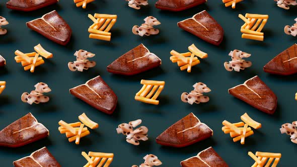 Tasty fast-food snacks. Animation of steaks, crispy french fries and mushrooms