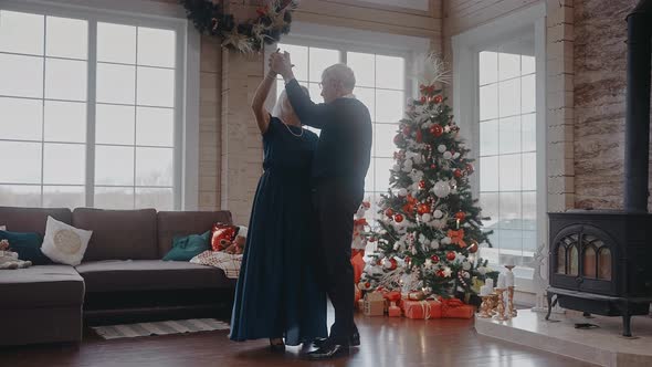 Grandparents Dancing Together at the Christmas Party Near the Fireplace and Tree