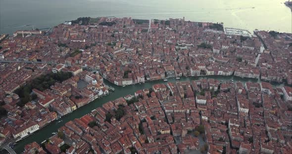 Wide aerial shot of Canal Grande and Cannaregio at dusk, Venice, Italy