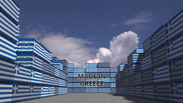 Many Cargo Containers with MADE IN GREECE Text and Flags