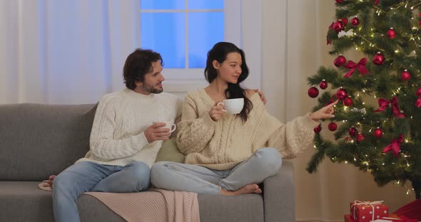 Couple Celebration New Year Near Christmas Tree at Home