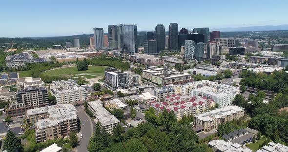 Aerial Flight Towards Bellevue Washington Downtown Skyline