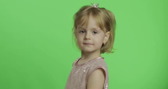 Girl in Glossy Dress Dancing. Happy Four Years Old Child. Chroma Key