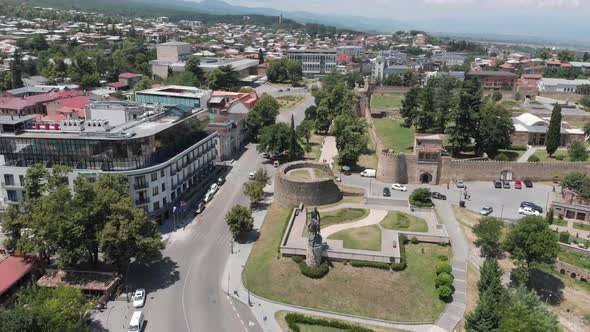 Aerial view of Monument of King Erekle II in Telavi. flying over Batonis Tsikhe