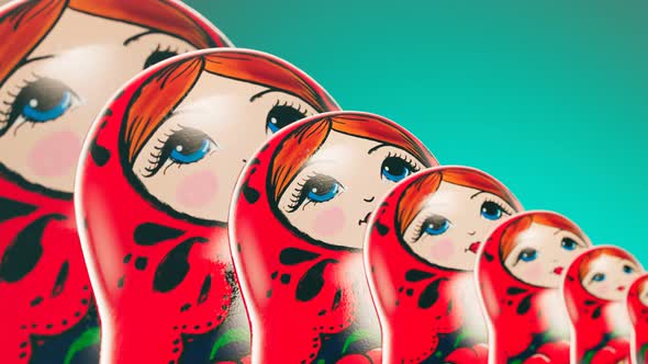 Beautiful matryoshka dolls in a row grow infinitely. Side view of babushkas.