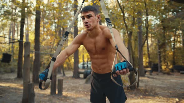 Sporty man doing exercise for hands and for all body. Workout with TRX system for pump up body