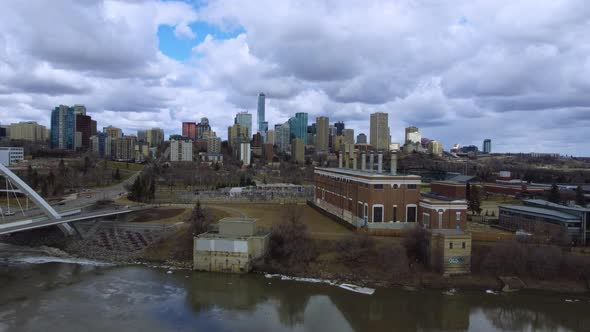 Rise Up Above Walterdale Power Plant with Downtown Edmonton in the Backgroun.mov