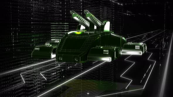 A Protection tank is passing through the town filled with digital data particles alt