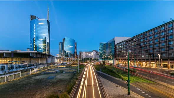 Milan Skyline with Modern Skyscrapers in Porta Nuova Business District Day To Night Timelapse in