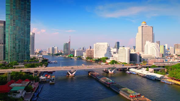 4K UHD : Bangkok River drone view. Flying over the Chao Phraya River