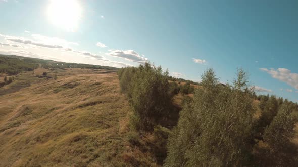 Speed Flying Close Along Green Valley with Large Meadow and Growing Trees Under Blue Sky with White