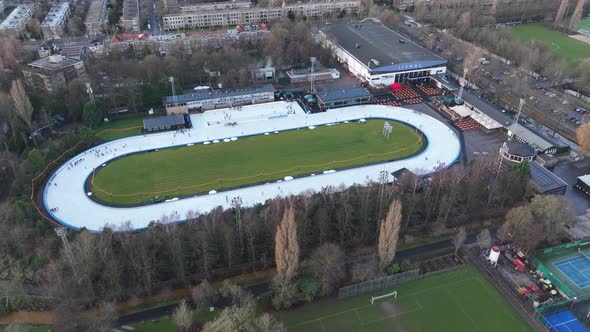 Aerial of a Recreational Outdoor Leisure Ice Skating Rink Top Down View in Amsterdam the Netherlands