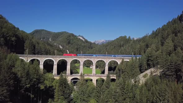 Aerial of Train on Viaduct in Semmering Railway, Austria