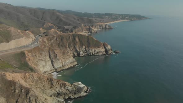 Aerial Approach of WWII Devil’s Slide Bunker on California Coast Highway One and Coastline