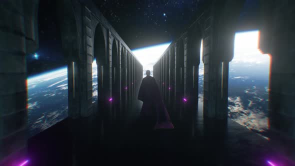 A Man Dressed in Cloth Walking Down a Space Sci Fi Corridor with Neon Lighting