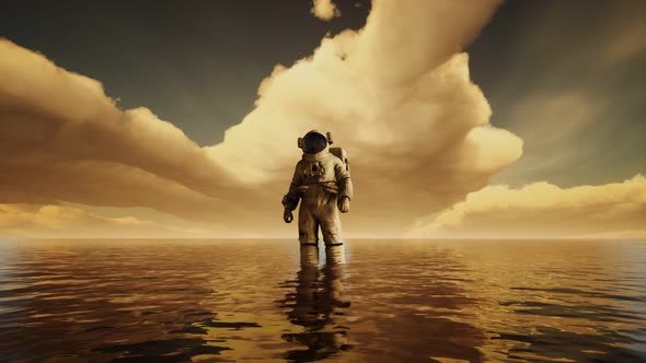Spaceman in the Sea Under Clouds at Sunset alt