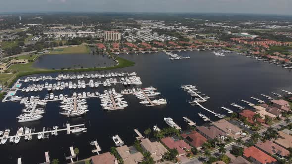 Aerial of the South Florida lifestyle in Bradenton, Florida.  Home and yacht communities abound off