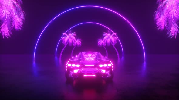 Futuristic Sport Car With Neon Glowing Palms
