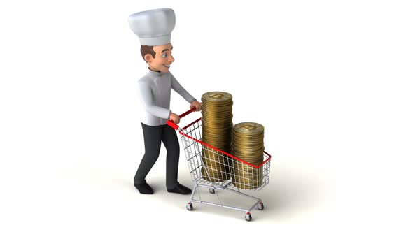 Fun 3D cartoon chef shopping with bitcoins