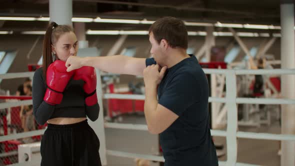 Boxing Training  an Attractive Woman Having a Training with a Boxing Coach