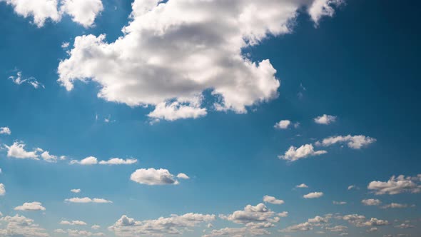 Timelapse White Fluffy Olakas Float Through the Blue Sky on a Sunny Day