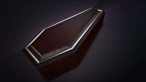 Closed wooden coffin surrounded with an ethereal, spiritual purple glow.