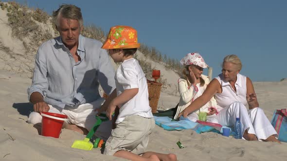 LS OF GRANDPARENTS ON THE BEACH WITH THEIR GRANDCHILDREN