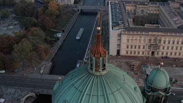 Panning Aerial View of Berlin Palace Spree River and Park at Dusk