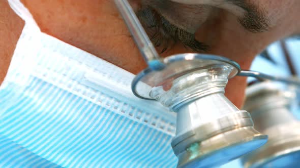 Close-up of female surgeons using surgical loupes