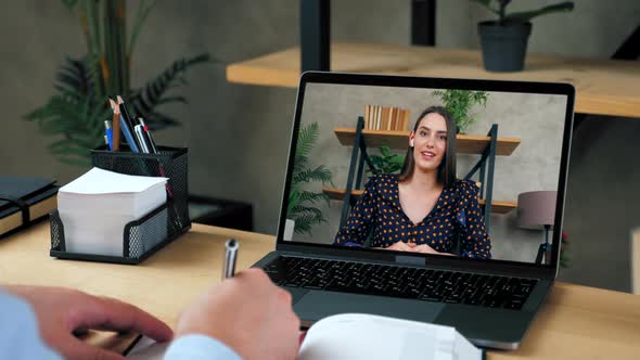 Woman teacher in laptop screen talk teaches by remote webcam, distance education