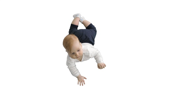 Sweet baby laying and holding his head on white background.