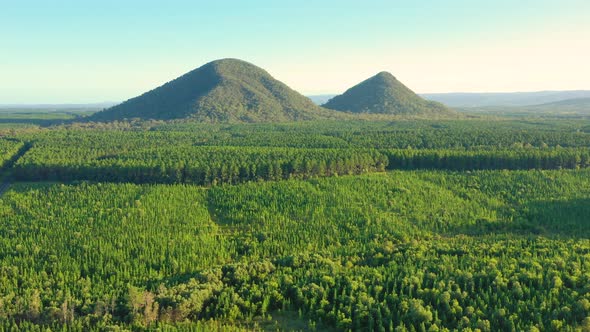 Aerial view of the Glass House Mountains, Sunshine Coast Hinterland.