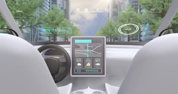 Video game simulation screen showing car cockpit driving through city streets alt