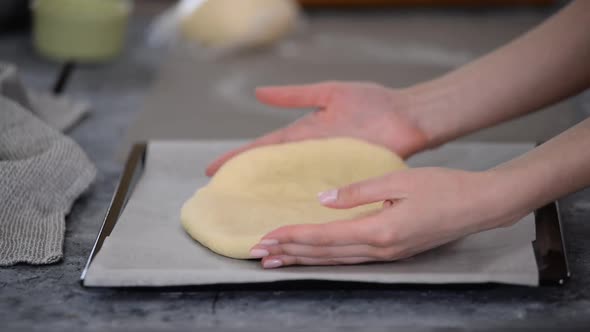 Closeup Hands of Female Baker Preparing Traditional Georgian Cuisine Khachapuri