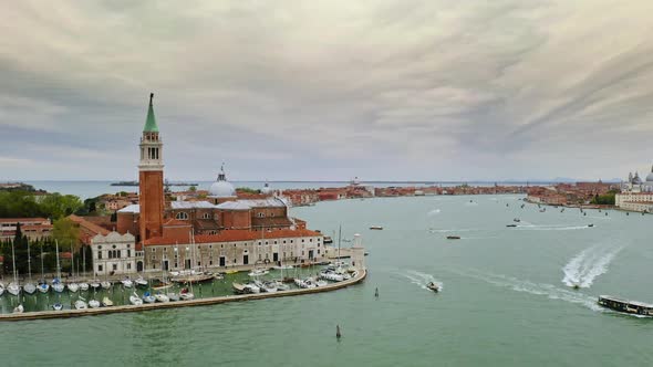 Aerial View Panoramic Shot Coastline Busy Port Seafaring Historical Attractions City Venice in Italy