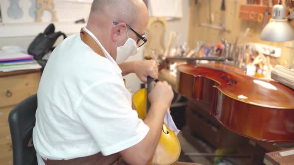Craftsman with violin in professional workshop