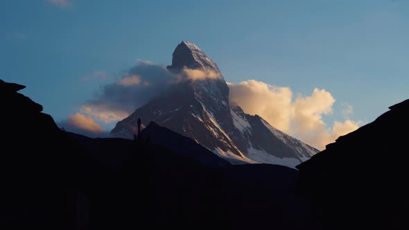 Timelapse of the Matterhorn mountain from Zermatt Village during sunset