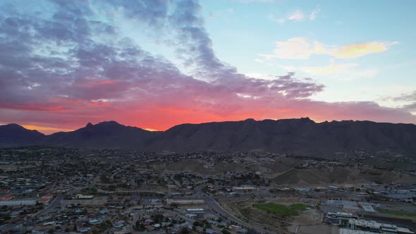 Panoramic Parallax Drone Shot Of West El Paso Texas During Beautiful Colorful Sunrise Blue Hour With