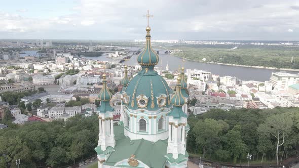 The Architecture of Kyiv. Ukraine. St. Andrew's Church. Aerial. Slow Motion, Gray, Flat