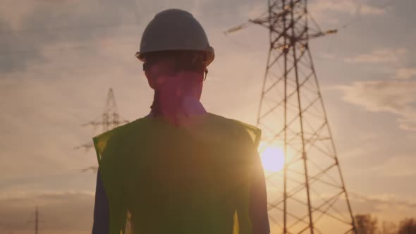 Woman engineer walking across  field with high voltage electrical pylons at sunset